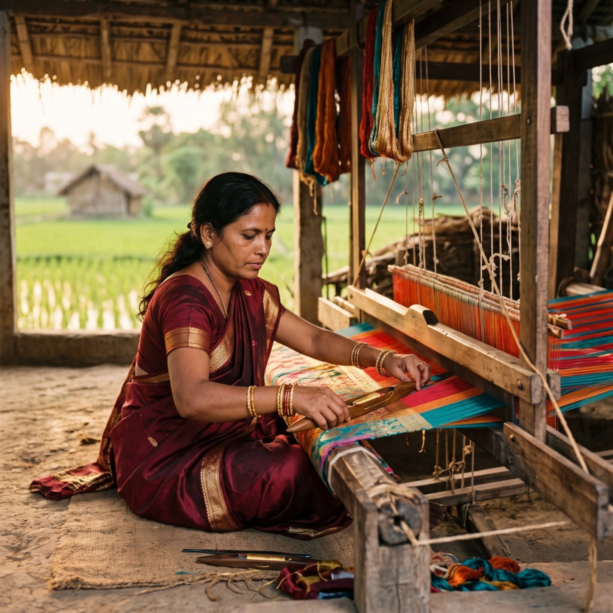 A weaver working at a traditional handloom, surrounded by vibrant silk threads
