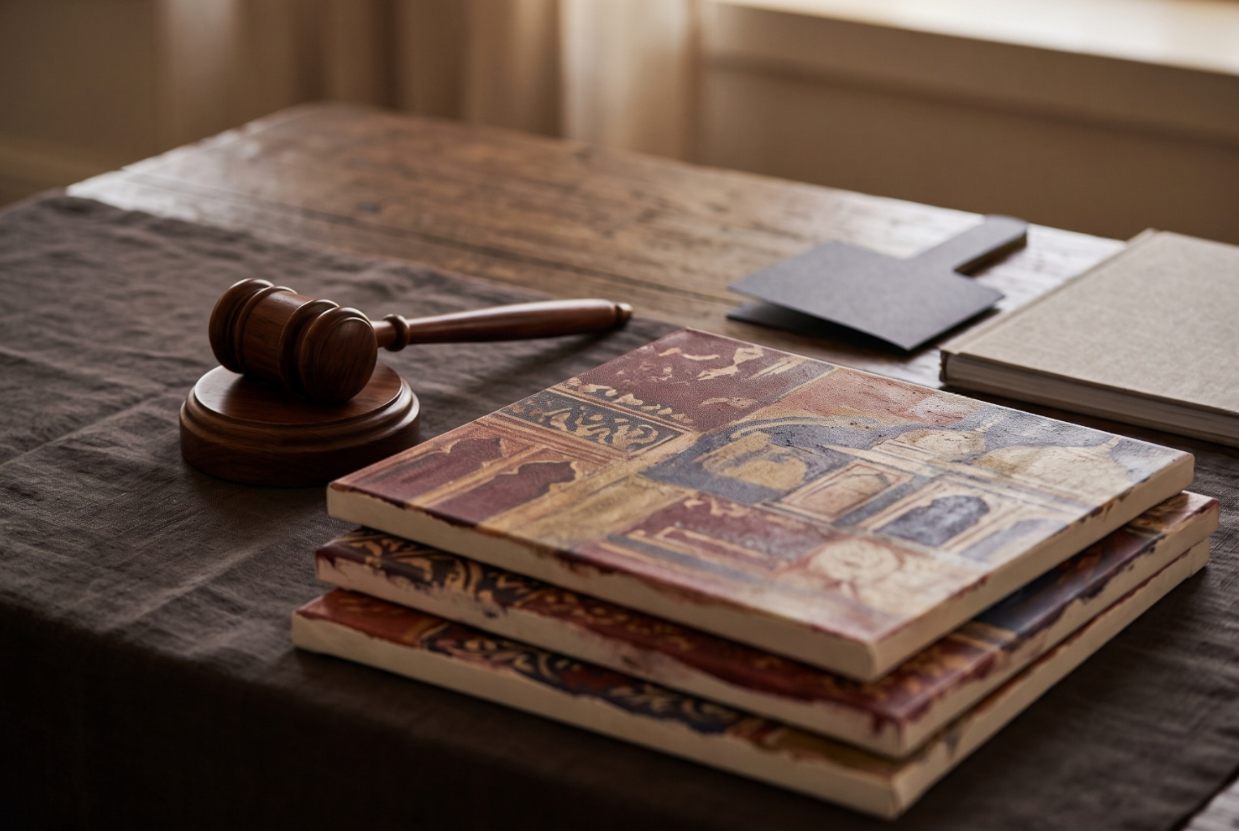 Auction gavel and fine art pieces prepared for a private art auction preview