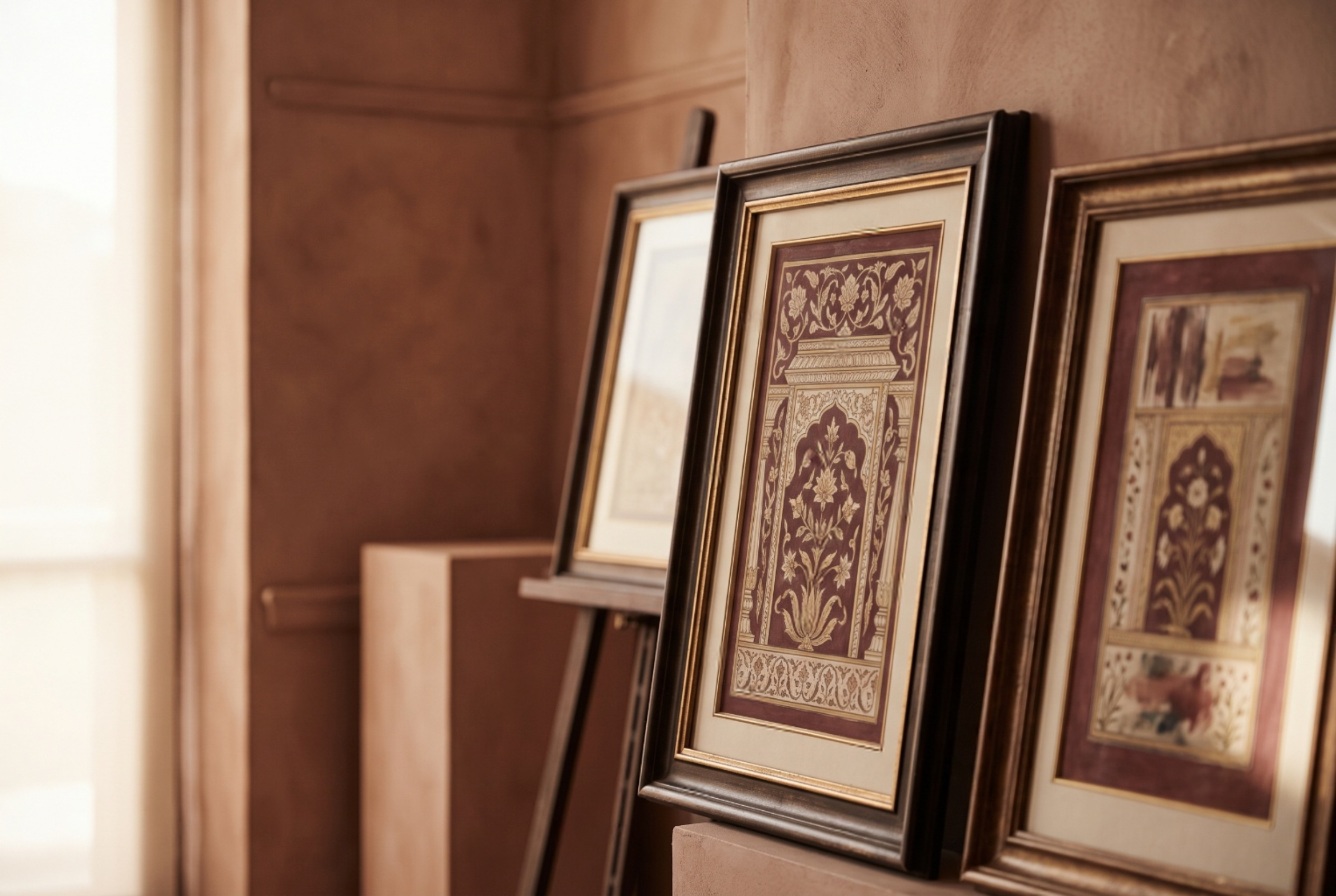 Framed traditional Indian artwork displayed in a curated gallery setting